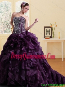2015 Detachable Sweetheart Burgundy Quinceanera Dress with Ruffles and Beading
