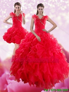 Detachable Red Sweetheart Dresses for Quince with Ruffles and Beading