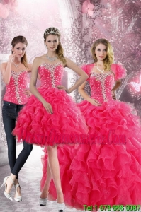 2015 Detachable Hot Pink Sweetheart Sweet 15 Dresses with Beading and Ruffles
