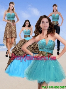 2015 Detachable Leopard Print Baby Blue Quinceanera Dresses with Brush Train and Beading