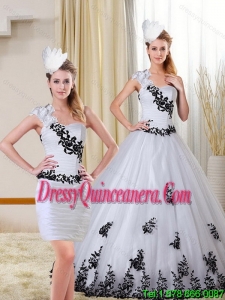 2015 Detachable One Shoulder Sweetheart White and Black Quinceanera Dress with Appliques