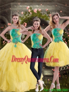 2015 Detachable Yellow and Green Quince Dresses with Ruching