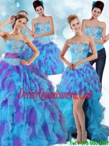 Exclusive Multi Color Strapless Quinceanera Dress with Ruffles and Sash