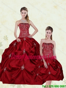 Exclusive Wine Red Strapless Quinceanera Gown with Embroidery and Pick Ups