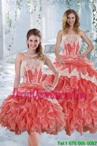 2015 Exclusive Strapless Appliques and Ruffles Quinceanera Dresses in Watermelon