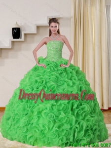 Exclusive Strapless Spring Green Quinceanera Dress with Beading and Ruffles