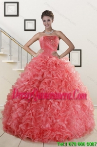 2015 Exclusive Watermelon Red Quince Dresses with Beading and Ruffles