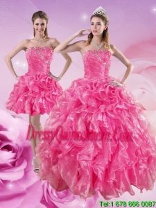 Exclusive Sturning Hot Pink Quince Dresses with Beading and Ruffles for 2015
