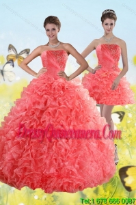 Exclusive Watermelon Strapless 2015 Quince Dresses with Beading and Ruffles