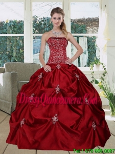 Luxurious Wine Red Pretty Strapless 2015 Sweet 16 Dresses with Embroidery and Pick Ups