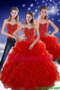 2015 Luxurious Red Sweetheart Quince Dresses with Beading and Ruffles