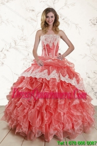 2015 Luxurious Watermelon Strapless Quince Dresses with Appliques and Ruffles
