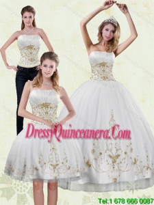 Luxurious 2015 Strapless Embroidery White and Gold Quinceanera Dresses