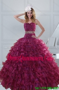 Luxurious Beading and Ruffles Quinceanera Dresses in Burgundy