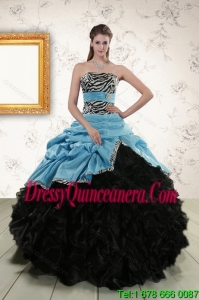 2015 New Style Zebra Print Multi Color Strapless Quinceanera Dresses with Ruffles and Pick Ups