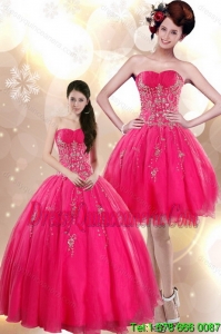 New Style Strapless Floor Length Quince Dresses with Appliques in Hot Pink