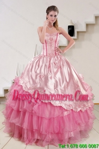New Style Strapless Pink 2015 Cute Quinceanera Dresses with Embroidery and Ruffles