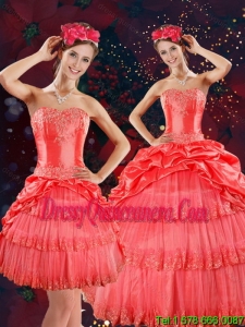 New Style Strapless Quinceanera Dresses with Beading and Pick Ups in Coral Red