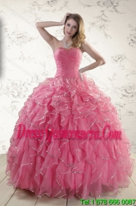 2015 New Style Rose Pink Quince Dresses with Paillette and Ruffles