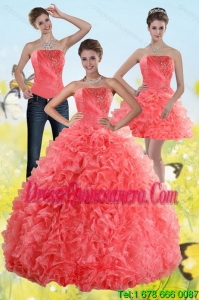 2015 New Style Watermelon Sweet 15 Dresses with Beading and Ruffles