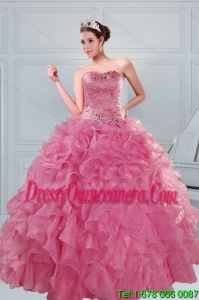 New Style 2015 Beading and Ruffles Quinceanera Dresses in Coral Red