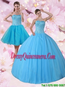 Perfect Detachable Baby Blue Strapless Sweet 15 Dresses with Beading