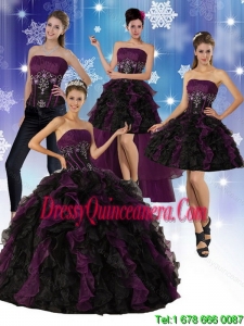 Perfect Multi Color Strapless Sweet 15 Dresses with Ruffles and Embroidery