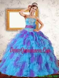 Perfect Ruffles and Sash Strapless Sweet 15 Dresses in Multi Color