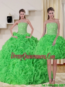 Perfect Strapless Spring Green Sweet 15 Dresses with Beading and Ruffles