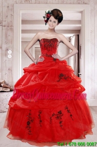 2015 Perfect Red Sweet 15 Dresses with Appliques and Pick Ups