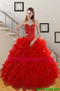 Perfect 2015 Sweetheart Red Sweet 15 Dresses with Beading and Ruffles