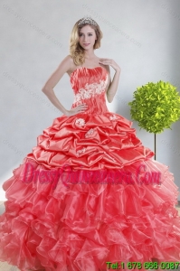 2015 Perfect Watermelon Red Sweet 15 Dresses with Appliques and Ruffles