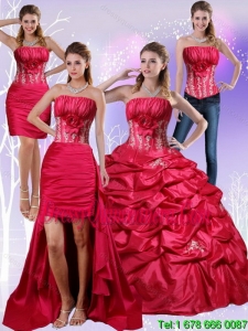 2015 Pretty Strapless Red Quinceanera Dress with Appliques and Pick Ups