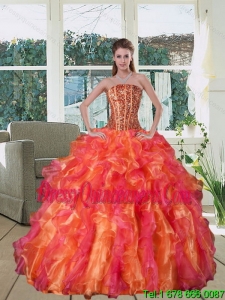 Pretty Multi Color Strapless Quince Dress with Beading and Ruffles