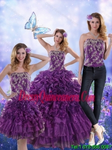 Pretty Purple Strapless Quince Dresses with Appliques and Ruffles for 2015