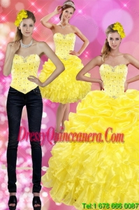 Pretty Yellow 2015 Quince Dresses with Beading and Ruffles