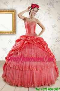 2015 Vintage Strapless Coral Red Quinceanera Dresses with Pick Ups and Beading