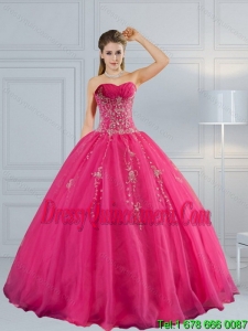2015 Vintage Sweetheart Hot Pink Quinceanera Dress with Appliques and Beading