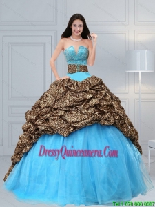 Pretty 2015 Baby Blue Leopard Printed Quinceanera Dresses with Beading