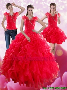 Vintage Red Sweetheart Quince Dresses with Ruffles and Beading for 2015
