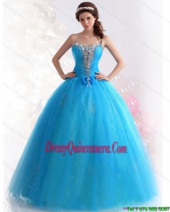 2015 Exquisite Blue Quinceanera Dresses with Rhinestones and Bowknot