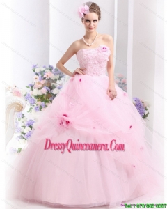 2015 Fashionable Baby Pink Sweet Sixteen Dresses with Hand Made Flowers