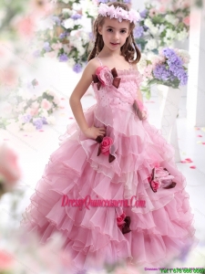 2015 Affordable Baby Pink Little Girl Pageant Dress with Hand Made Flowers and Ruffles