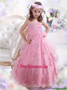 2015 Affordable Rose Pink Spaghetti Straps Little Girl Pageant Dress with Appliques