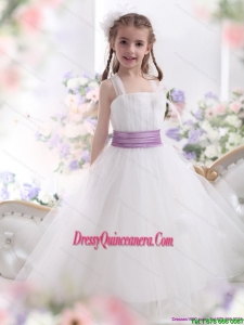 2015 Affordable White Little Girl Pageant Dresses with Lilac Sash