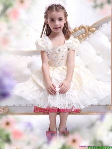 Affordable Champagne Little Girl Pageant Dress with Hand Made Flower and Lace