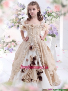Affordable Champagne Spaghetti Straps Little Girl Pageant Dresses with Hand Made Flowers and Ruffles