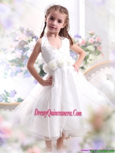 Affordable Halter Top White Mini Length Little Girl Pageant Dress with Hand Made Flower