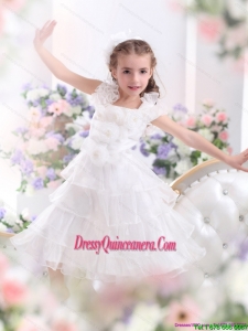 Affordable Ruffled Layers White 2015 Little Girl Pageant Dress with Hand Made Flower