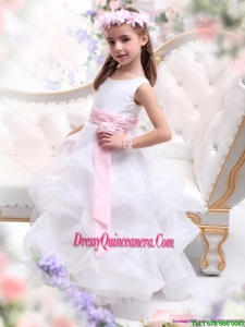 Affordable Scoop White Little Girl Pageant Dress with Sash and Ruffles